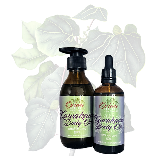 Oriwa Naturals kawakawa body oil in a 200ml pump top and a 100ml dropper bottle which works great as a facial cleansing oil.