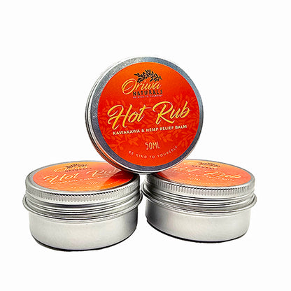 Three 50ml tins of Oriwa Naturals Hot Rub pain relief balm for sports massage and sore joints and muscles.